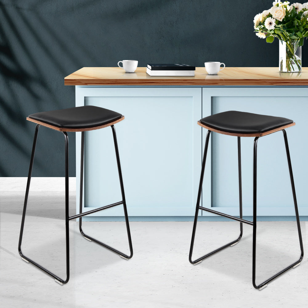 Artiss Set of 2 Backless PU Leather Bar Stools in black and wood, featuring a padded seat and sturdy metal frame.